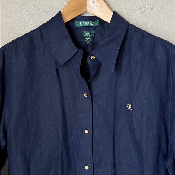 Ralph Lauren navy blue linen button down tunic top - Picture 3 of 8